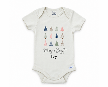 DESIGN C - Merry & Bright Trees personalized baby bodysuit design on a white background