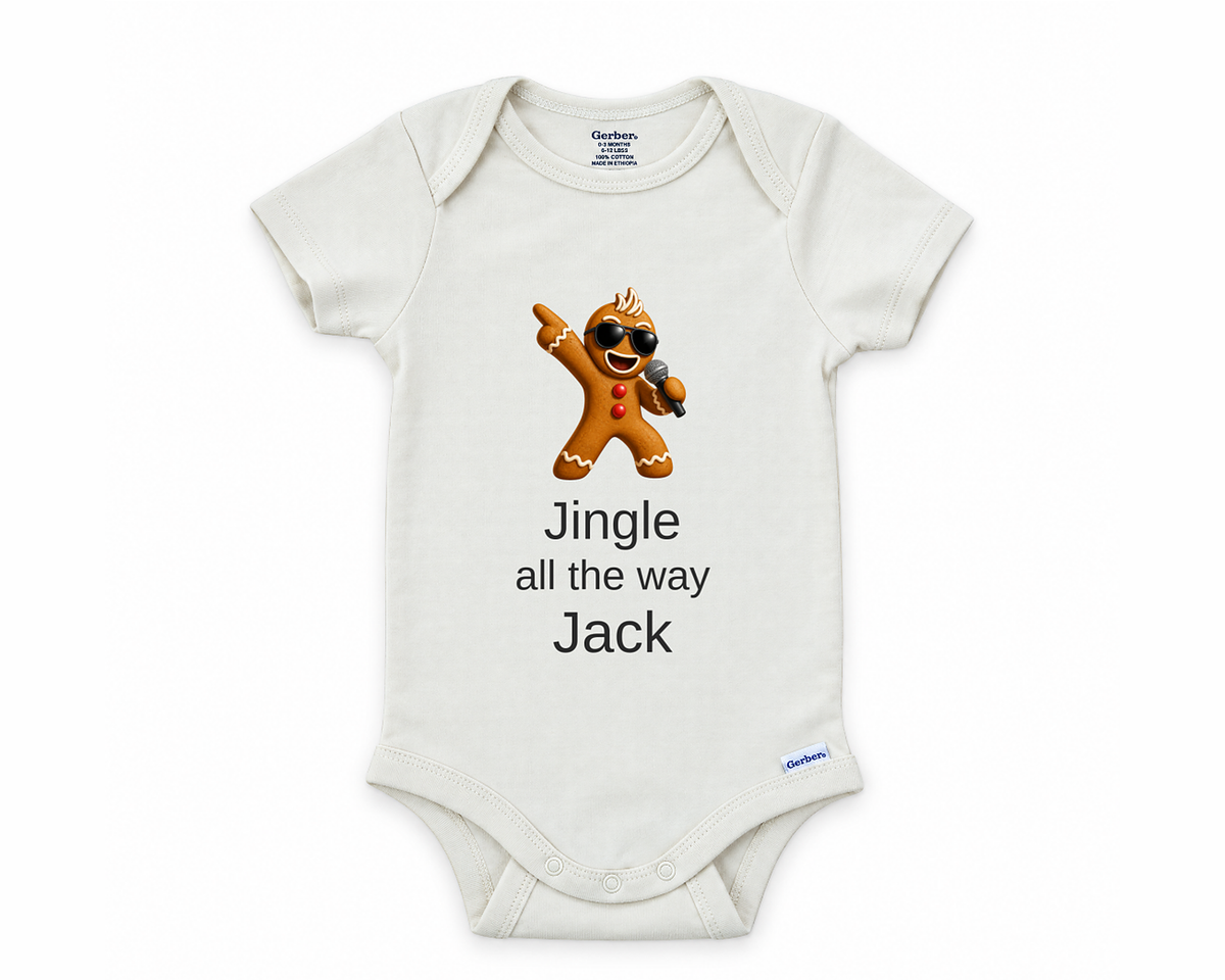 DESIGN G - Jingle All The Way Gingerbread personalized baby bodysuit design on a white background