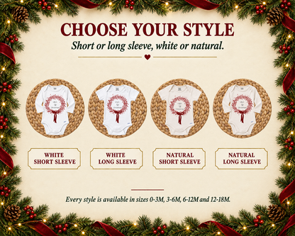 Choose your style chart: 1st Christmas wreath baby bodysuit in white or natural, short or long sleeve