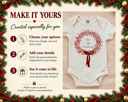 Make it yours steps shown beside the 1st Christmas wreath personalized baby bodysuit