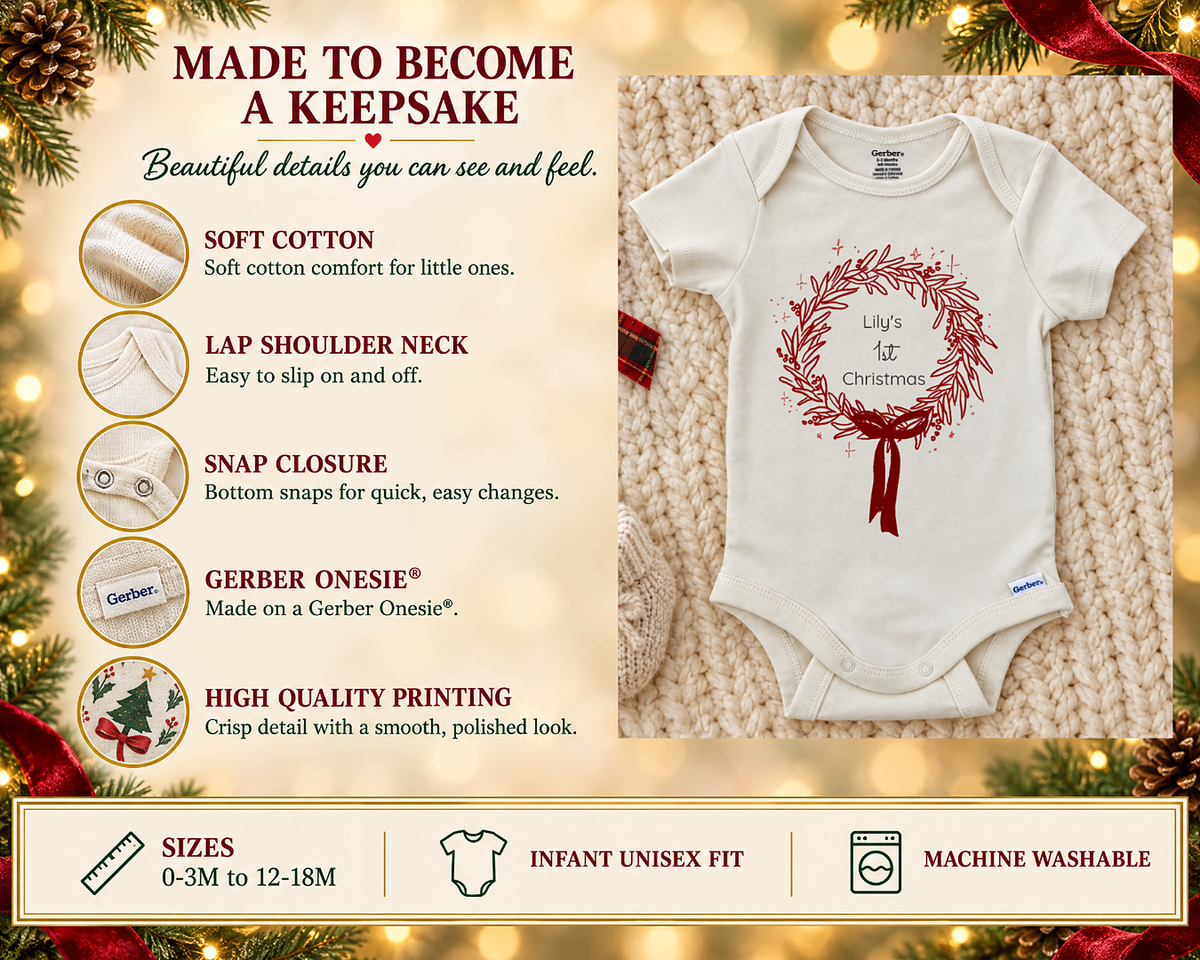 Keepsake details of the 1st Christmas wreath baby bodysuit: soft cotton, lap shoulder neck, bottom snaps