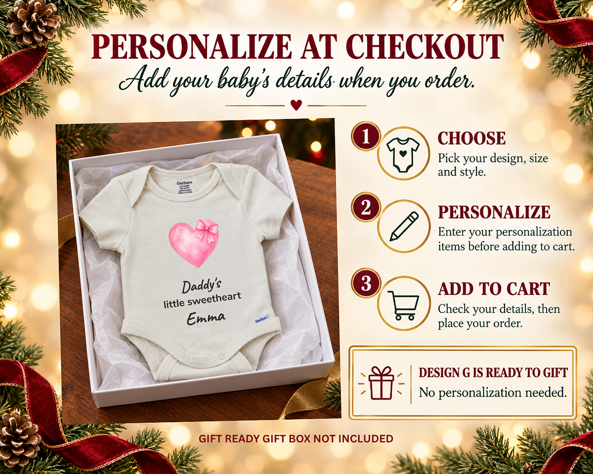 Personalize at checkout: three steps with a Daddy's Little Sweetheart personalized bodysuit in a gift box