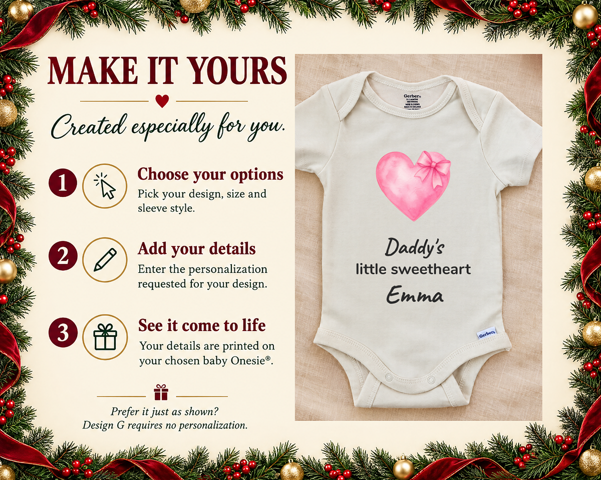Daddy's Little Sweetheart personalized baby bodysuit with pink watercolor heart and bow, photo 2 of 6