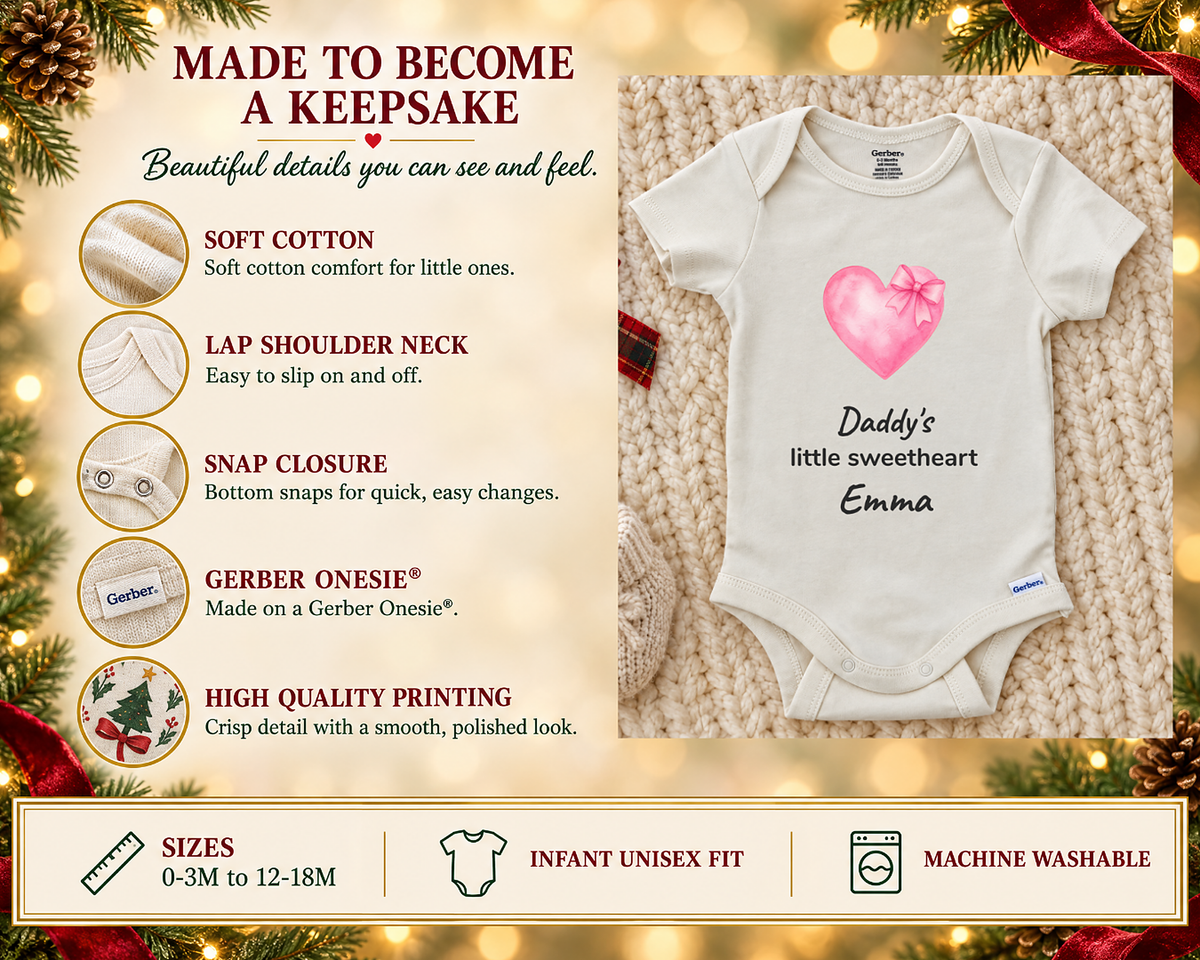 Daddy's Little Sweetheart personalized baby bodysuit with pink watercolor heart and bow, photo 3 of 6