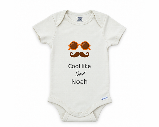 Cool Like Dad personalized baby bodysuit with orange sunglasses and mustache on a white background
