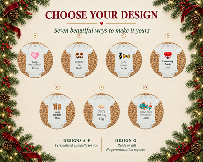 Choose your design: seven personalized Dad baby bodysuit designs A to G, led by Cool Like Dad