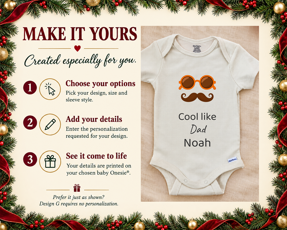 Cool Like Dad personalized baby bodysuit with orange sunglasses and mustache, photo 2 of 6