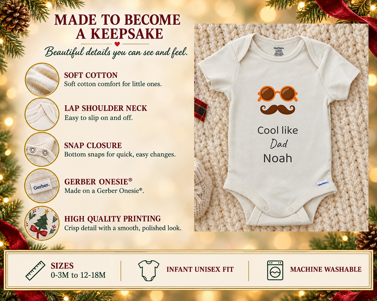 Cool Like Dad personalized baby bodysuit with orange sunglasses and mustache, photo 3 of 6