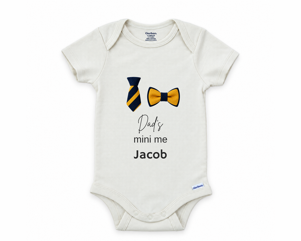 Dad's Mini Me personalized baby bodysuit with striped necktie and bow tie on a white background