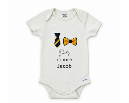Dad's Mini Me personalized baby bodysuit with striped necktie and bow tie on a white background