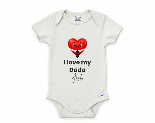 I Love My Dada personalized baby bodysuit with smiling red heart in a shirt and tie on a white background