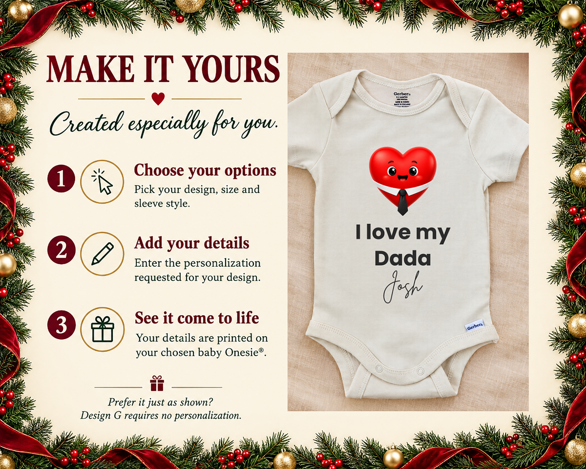 I Love My Dada personalized baby bodysuit with smiling red heart in a shirt and tie, photo 2 of 6