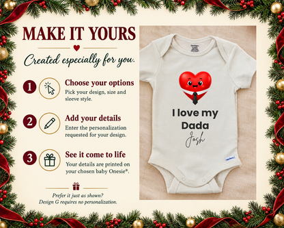 I Love My Dada personalized baby bodysuit with smiling red heart in a shirt and tie, photo 2 of 6