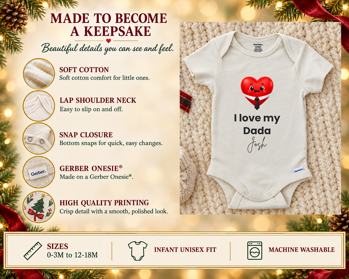 I Love My Dada personalized baby bodysuit with smiling red heart in a shirt and tie, photo 3 of 6