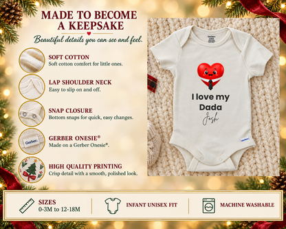 I Love My Dada personalized baby bodysuit with smiling red heart in a shirt and tie, photo 3 of 6