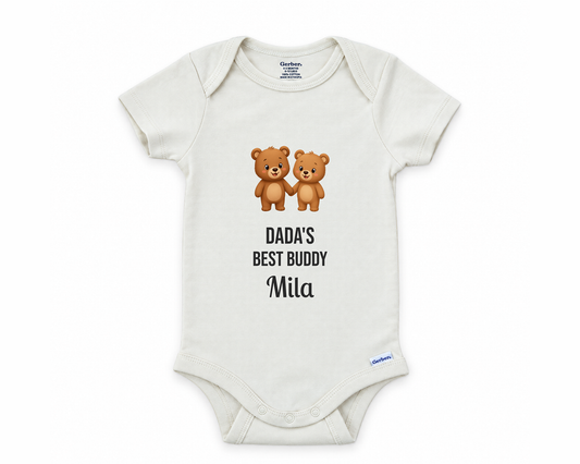 Dada's Best Buddy personalized baby bodysuit with two teddy bears holding hands on a white background