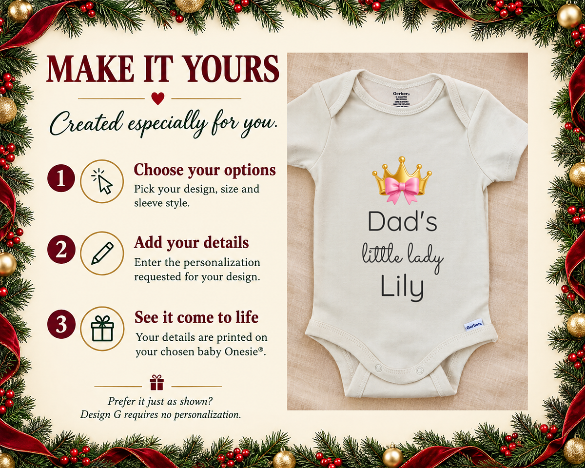 Dad's Little Lady personalized baby bodysuit with gold crown and pink bow, photo 2 of 6