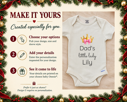 Dad's Little Lady personalized baby bodysuit with gold crown and pink bow, photo 2 of 6