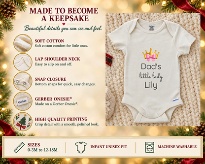 Dad's Little Lady personalized baby bodysuit with gold crown and pink bow, photo 3 of 6