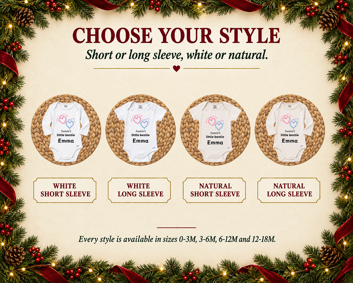 Choose your style: short or long sleeve, white or natural, shown on the Auntie's Little Bestie personalized baby bodysuit