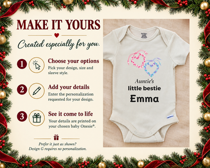 Make it yours: three steps to personalize beside the Auntie's Little Bestie personalized baby bodysuit on a cream blanket