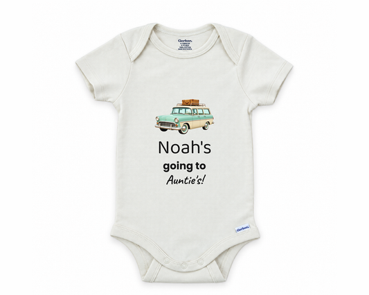 Going to Auntie's personalized baby bodysuit with vintage station wagon on a white background