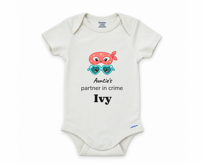 DESIGN C - Auntie's Partner in Crime personalized baby bodysuit design