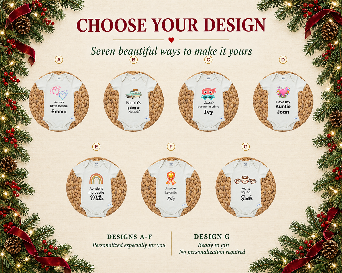 Choose your design: seven personalized aunt baby bodysuit designs A to G, led by Going to Auntie's
