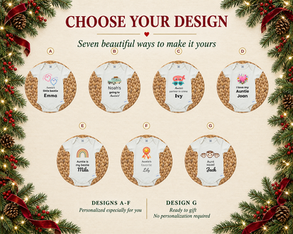 Choose your design: seven personalized aunt baby bodysuit designs A to G, led by Going to Auntie's