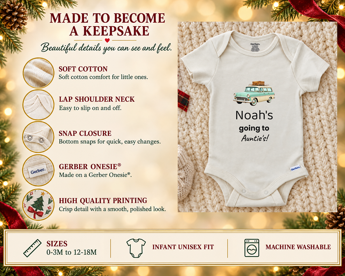 Made to become a keepsake: soft cotton Gerber Onesie details beside the Going to Auntie's personalized baby bodysuit