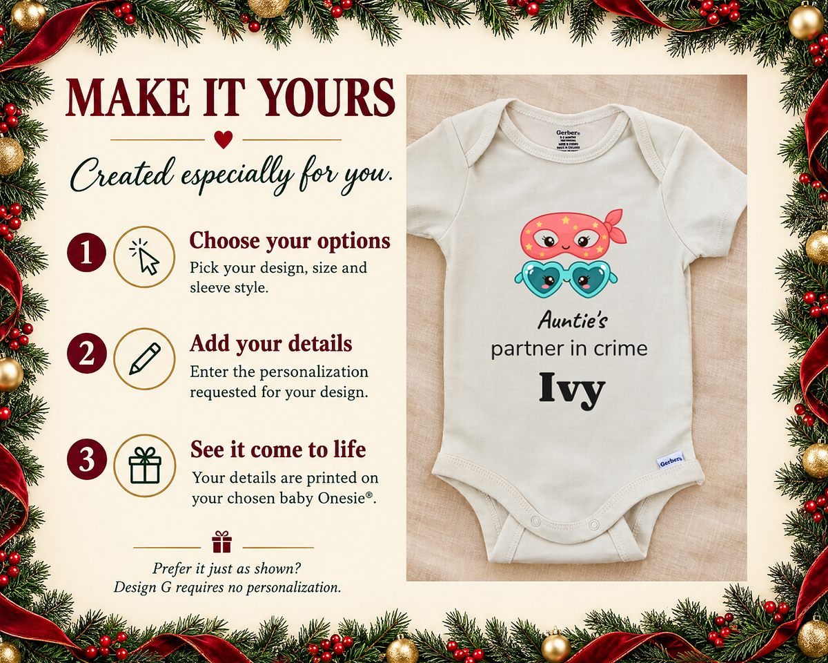 Make it yours: three steps to personalize beside the Auntie's Partner in Crime personalized baby bodysuit on a cream blanket