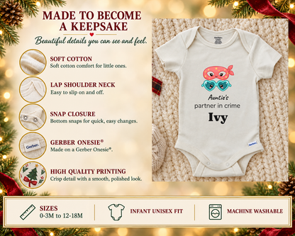 Made to become a keepsake: soft cotton Gerber Onesie details beside the Auntie's Partner in Crime personalized baby bodysuit