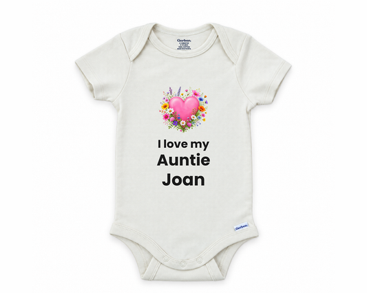 I Love My Auntie personalized baby bodysuit with wildflower heart on a white background