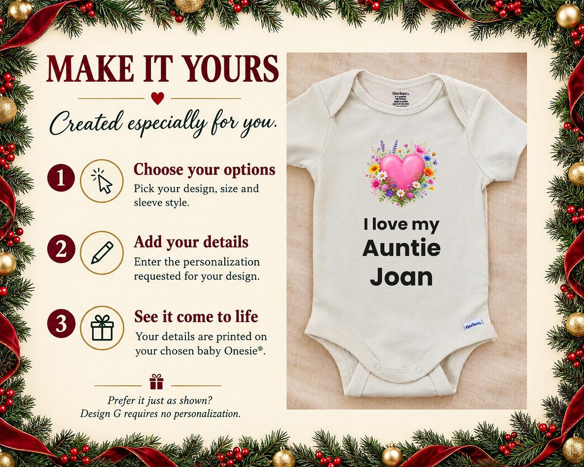 Make it yours: three steps to personalize beside the I Love My Auntie personalized baby bodysuit on a cream blanket