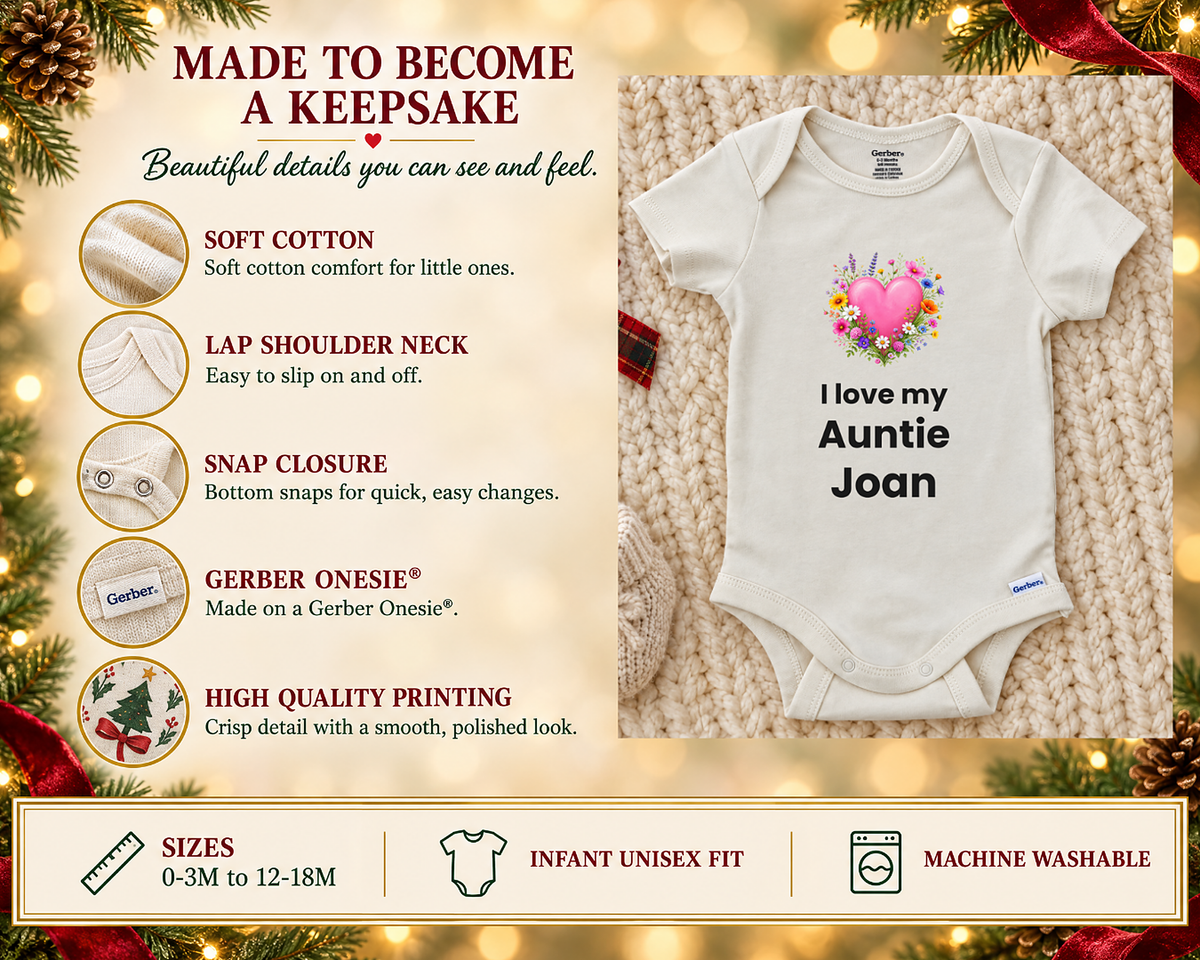 Made to become a keepsake: soft cotton Gerber Onesie details beside the I Love My Auntie personalized baby bodysuit