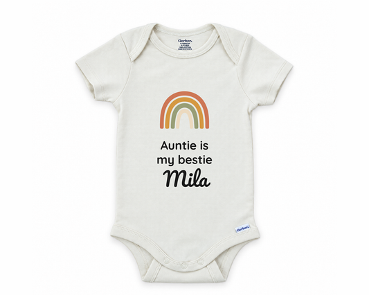 Auntie Is My Bestie personalized baby bodysuit with boho rainbow on a white background