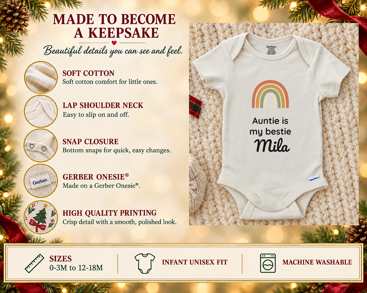 Made to become a keepsake: soft cotton Gerber Onesie details beside the Auntie Is My Bestie personalized baby bodysuit