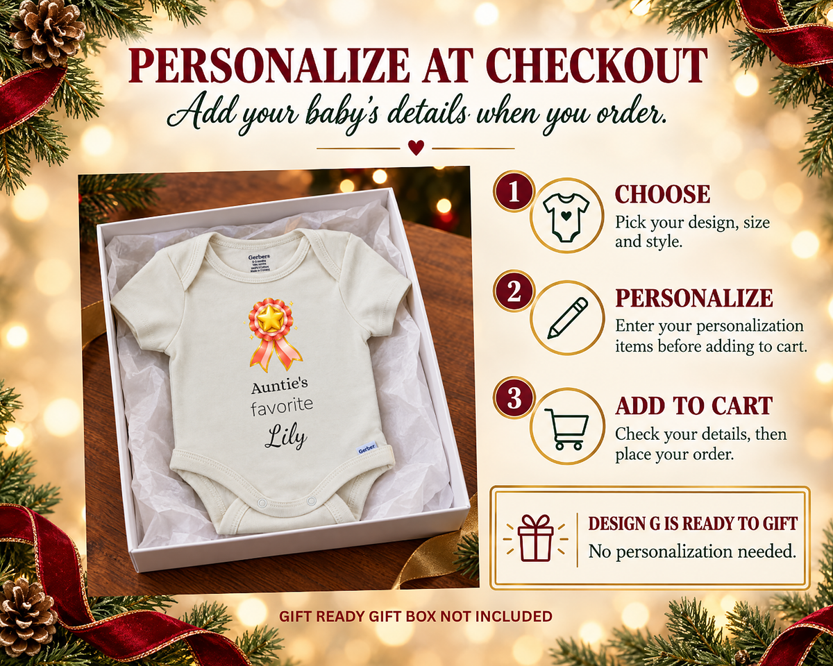 Personalize at checkout: three steps with an Auntie's Favorite personalized bodysuit in a gift box