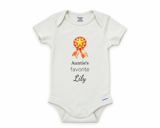 Auntie's Favorite personalized baby bodysuit with gold star rosette on a white background