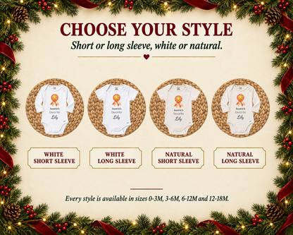 Choose your style: short or long sleeve, white or natural, shown on the Auntie's Favorite personalized baby bodysuit