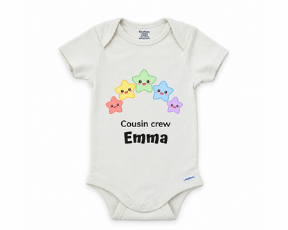 Cousin Crew personalized baby bodysuit with the rainbow stars design on a white background