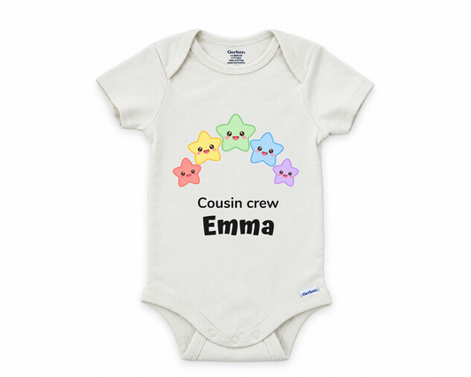 Cousin Crew personalized baby bodysuit with the rainbow stars design on a white background