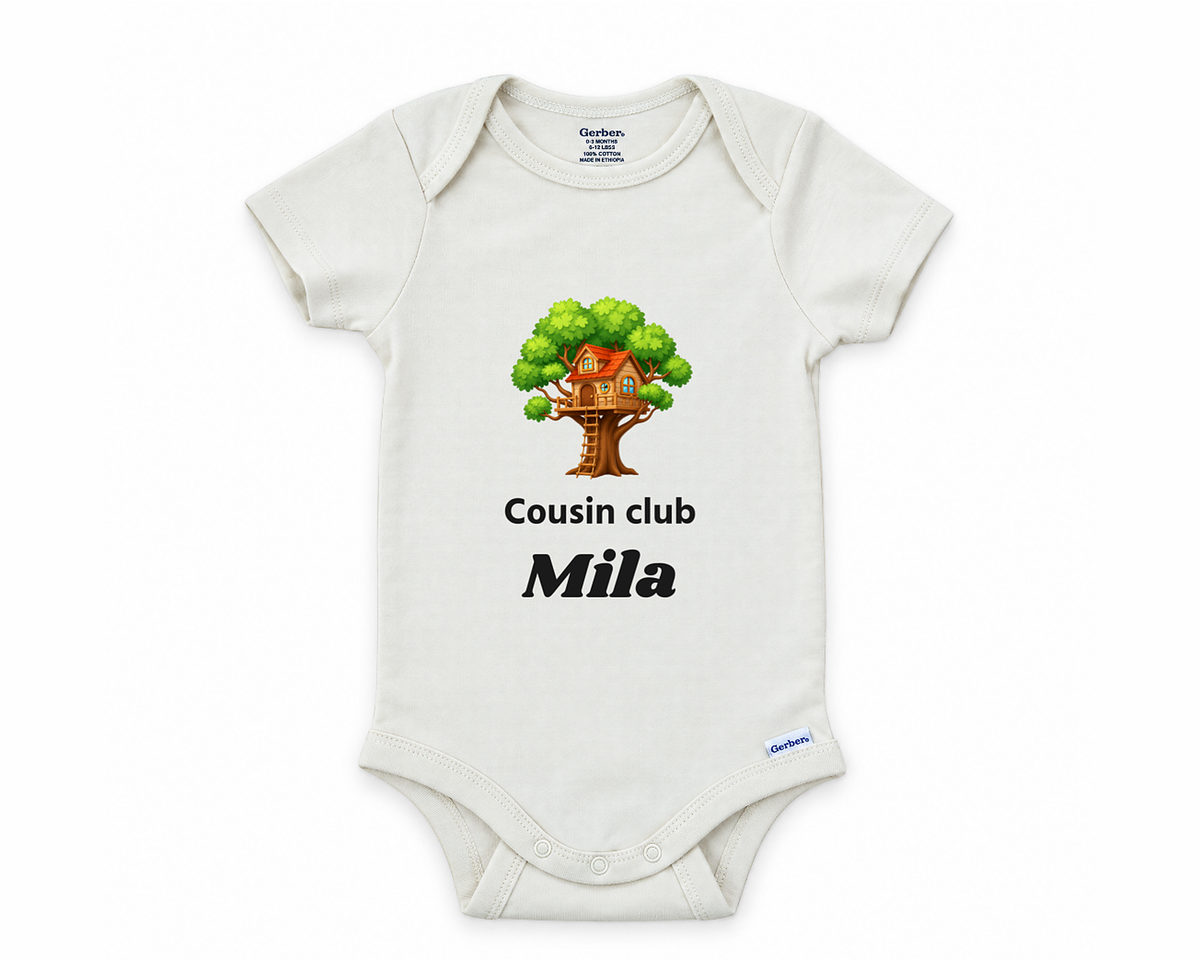 DESIGN E - Cousin Club treehouse personalized baby bodysuit design