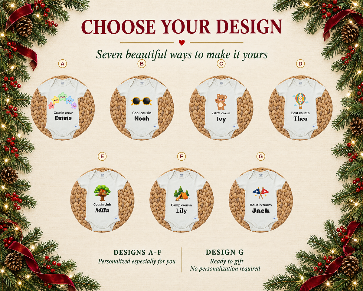 Choose your design: seven cousin baby bodysuit designs A to G, led by the Cousin Crew rainbow stars design