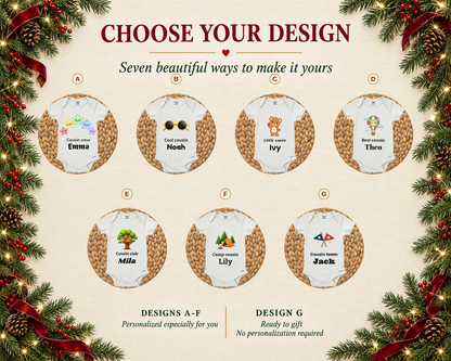Choose your design: seven cousin baby bodysuit designs A to G, led by the Cousin Crew rainbow stars design