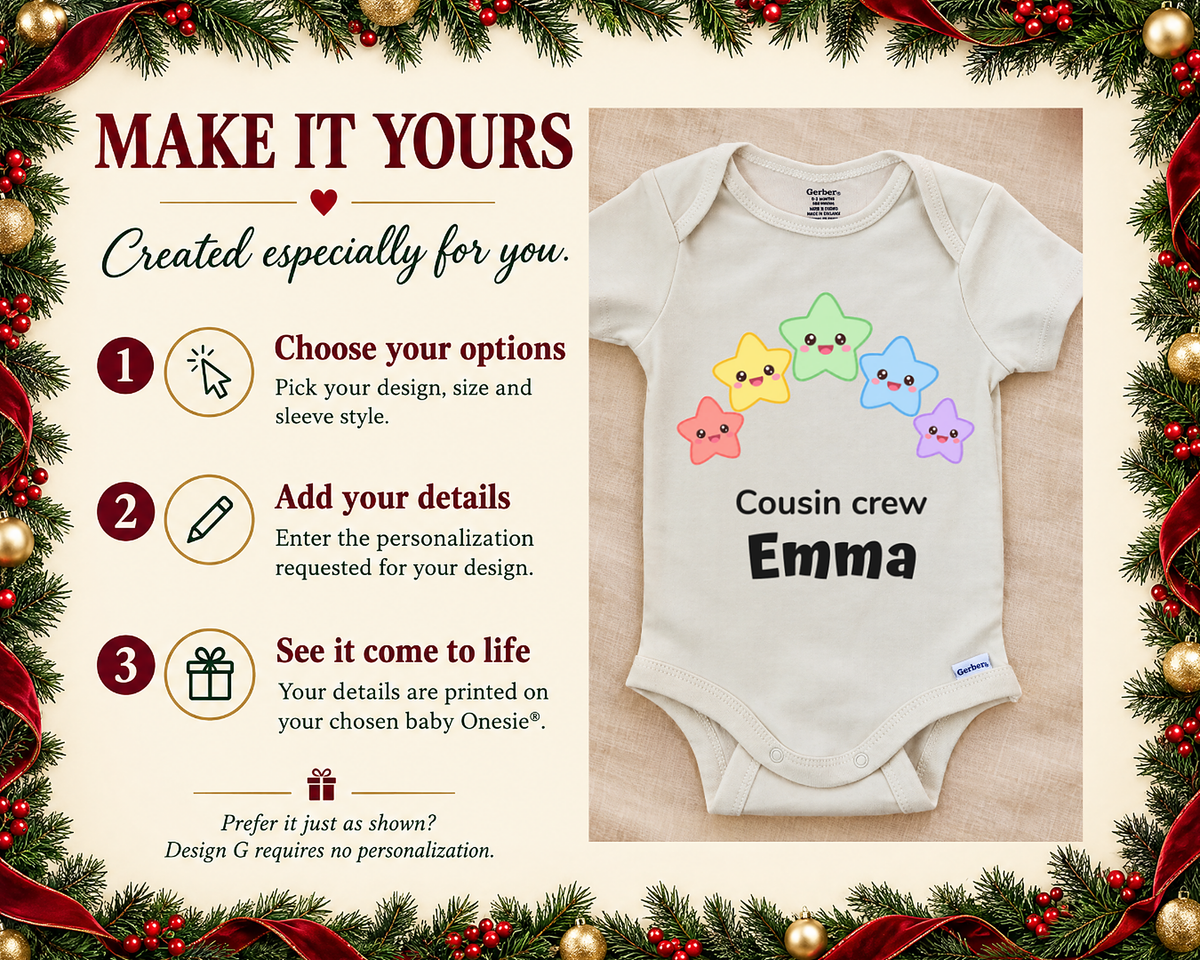 Make it yours: three steps to personalize, next to the Cousin Crew rainbow stars baby bodysuit on a cream blanket