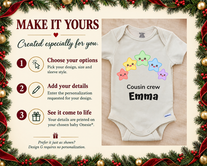Make it yours: three steps to personalize, next to the Cousin Crew rainbow stars baby bodysuit on a cream blanket