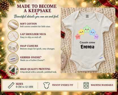 Made to become a keepsake: soft cotton Gerber Onesie details beside the Cousin Crew rainbow stars baby bodysuit