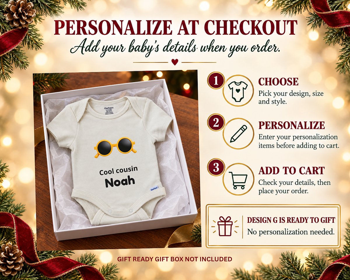 Personalize at checkout: three steps with the Cool Cousin sunglasses bodysuit in a gift box