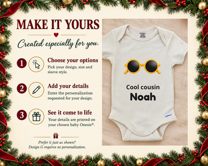 Make it yours: three steps to personalize, next to the Cool Cousin sunglasses baby bodysuit on a cream blanket